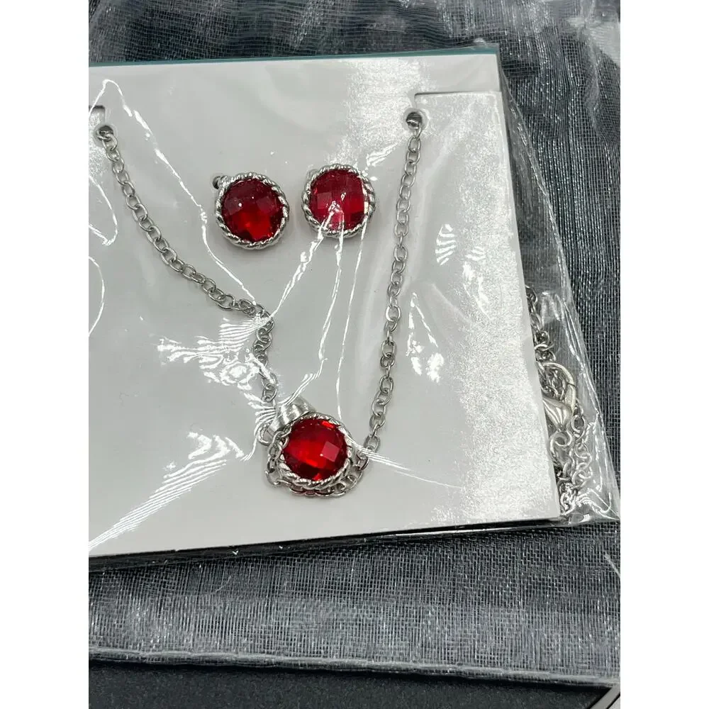 Effy Red Rhinestone‎ and Silver Tone Necklace and Earring Gift Set